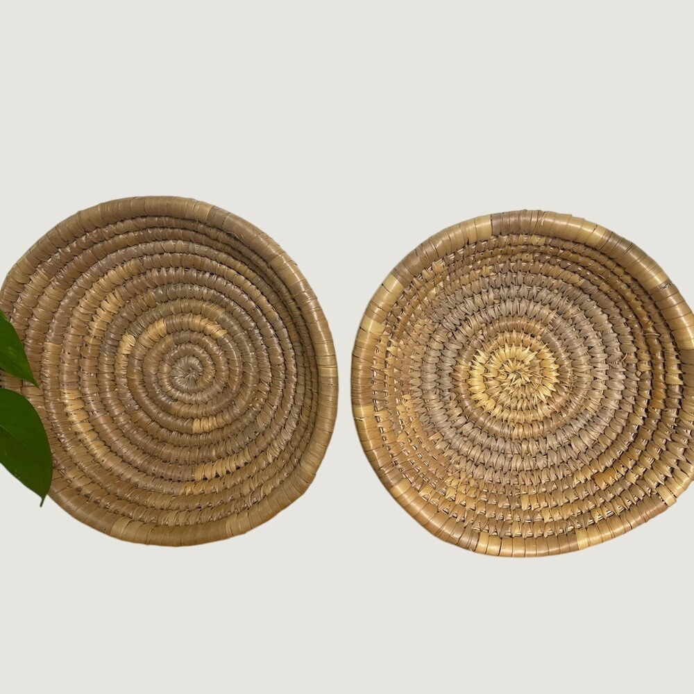 Set of 2 Handwoven Coiled Seagrass Baskets Natural Fiber Round Decorative Bowls